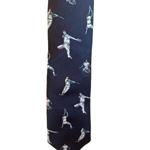 LANDS END Vintage NECK TIE BASEBALL Navy Blue Silk